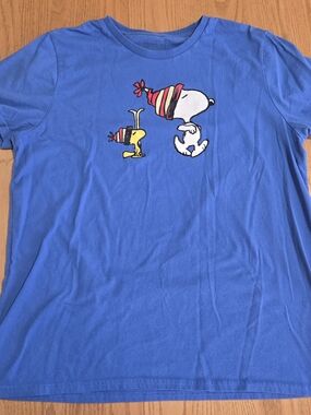 Peanuts Snoopy Woodstock Winter Ski Blue Graphic Tee Double Sided L Approx